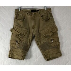 Decibel Shorts Men's Size 32 Denim Brown Tan Biker Zip Pockets 12" Inseam